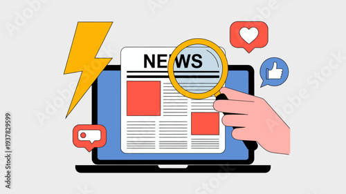 A hand interacts with a laptop displaying a news article surrounded by social media icons like a heart thumbs up and lightning bolt high quality professional