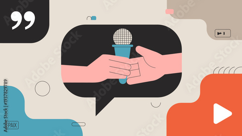 An illustration depicts two hands exchanging a microphone symbolizing communication dialogue and the transfer of voice or message high quality professional detailed modern elegant stylish clean