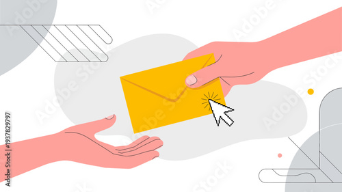 An illustration depicts two hands exchanging a yellow envelope with a cursor highlighting the transfer symbolizing digital communication high quality professional detailed modern elegant stylish clean