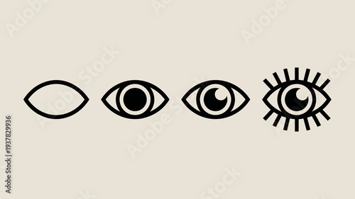 A minimalist illustration showcases four progressively detailed eyes transitioning from a simple outline to a stylized radiating design high quality professional modern elegant stylish clean crisp