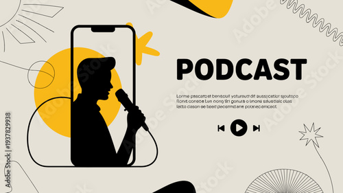 A smartphone displays a podcast graphic with a silhouetted speaker promoting audio content and modern media consumption high quality professional detailed elegant stylish clean crisp vibrant
