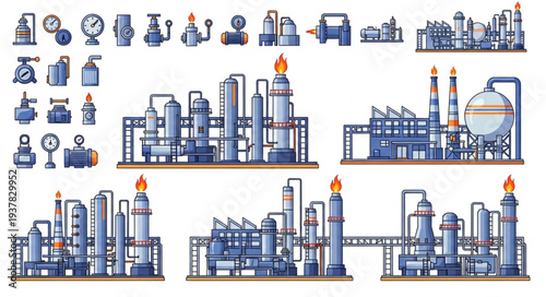Industrial oil and gas refinery plant equipment icons and illustrations.