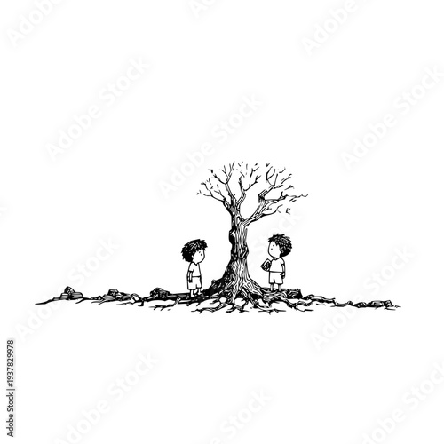 Two children standing beside a bare tree in a desolate landscape with roots exposed