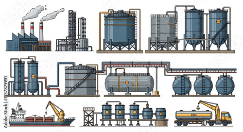 Industrial factory complex with storage tanks and transportation.