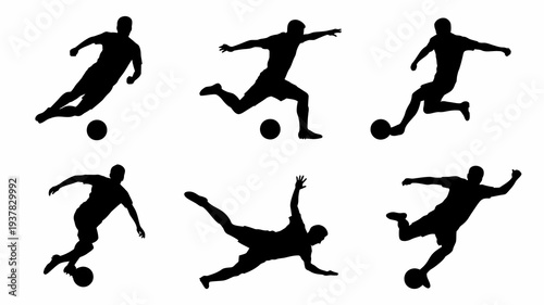 A collection of six black silhouettes depicts dynamic soccer players in various action poses including kicking and jumping with a ball high quality professional detailed modern