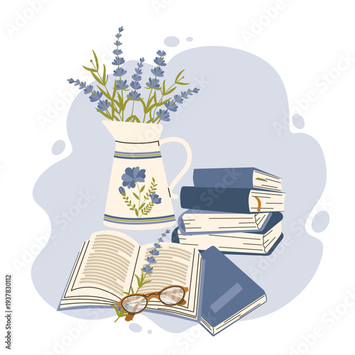 Reading hobby flat vector illustration. Stack of books, open book with glasses and lavender flowers in ceramic pitcher. Isolated elements for library, education and cottagecore lifestyle design.