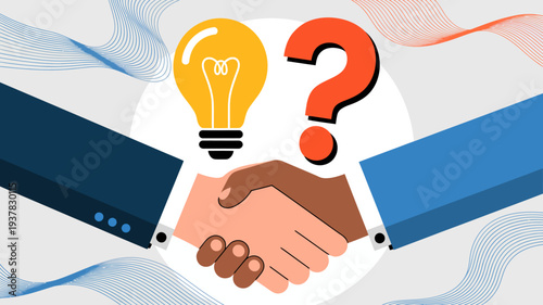 A colorful illustration depicts a handshake between diverse hands alongside a glowing lightbulb and a red question mark high quality professional detailed modern elegant stylish clean
