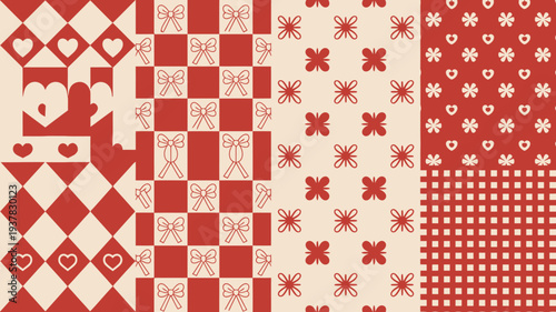 A vibrant repeating pattern features red hearts bows diamonds and floral motifs on a cream background creating a playful design high quality professional detailed modern elegant