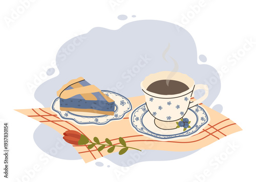 Cozy breakfast flat vector illustration. Piece of blueberry pie on plate, cup of hot tea and red tulip flower on checkered napkin. Isolated element for rustic lifestyle and hygge design.