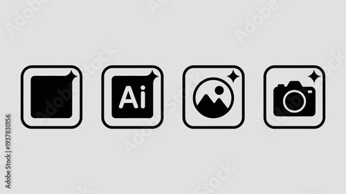 A series of four black icons on a light gray background represent different aspects of image creation and editing high quality professional detailed modern elegant stylish