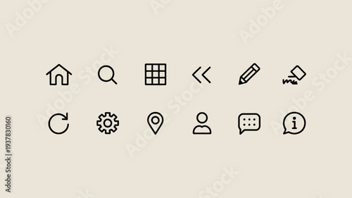 A collection of simple black line icons are displayed against a pale beige background representing common digital interface elements high quality professional detailed modern elegant stylish