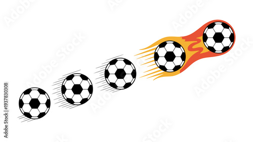 A series of black and white soccer balls are depicted in motion trailing a vibrant orange and yellow flame like effect high quality professional detailed modern