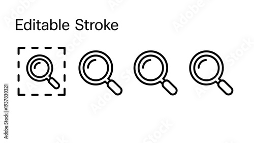 A set of four black line art magnifying glasses one within a dashed square against a stark white background high quality professional detailed modern elegant stylish