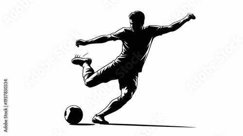 A dynamic black and white silhouette depicts a soccer player in mid kick showcasing athleticism and the energy of the sport high quality professional detailed modern
