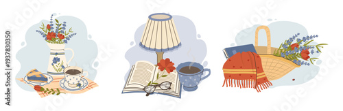 Cozy home lifestyle flat vector illustration set. Compositions with vintage lamp, open book, warm blanket, tea cup and wicker basket with flowers. Isolated elements for hygge and rustic design.