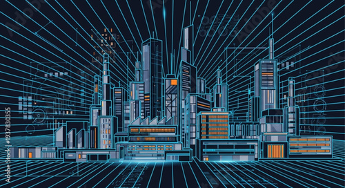 Futuristic Cityscape with Digital Grid Overlay.