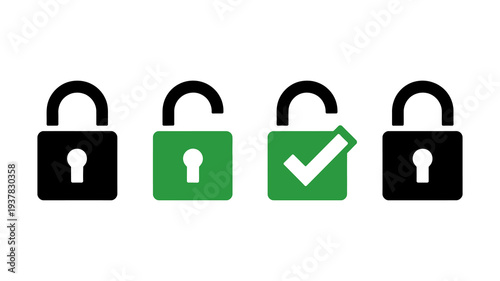 Four padlock icons are displayed varying in color and status with one padlock featuring a prominent checkmark high quality professional detailed modern elegant stylish clean crisp
