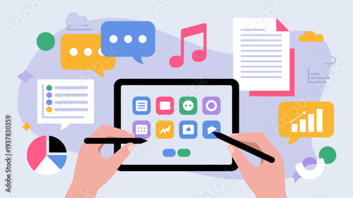 A colorful illustration depicts a smartphone being held by hands surrounded by various digital icons representing communication and data high quality professional detailed modern elegant stylish