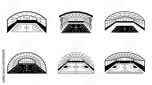 A series of black and white architectural renderings depict indoor sports arenas potentially for basketball or volleyball in varying perspectives high quality professional detailed modern elegant