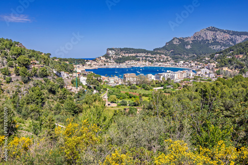 Landscape view at Port de soller in Mallorca by a sea bay