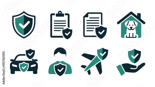 A collection of green and dark teal line icons representing security services and protection for various aspects of life high quality professional detailed modern elegant stylish