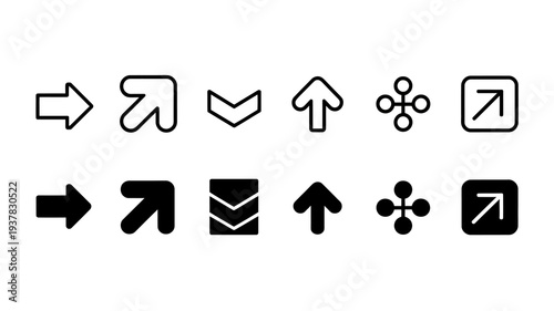 A collection of simple black and white vector icons depicting various arrow and download symbols in two distinct styles high quality professional detailed modern elegant stylish