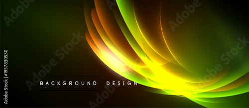 Abstract neon glow, dynamic curves, dark background. Bright yellow radiates, green blends seamlessly. Modern design element.