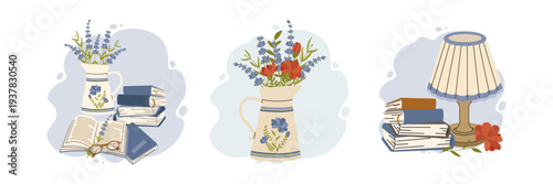 Cozy home lifestyle flat vector illustration set. Compositions with vintage table lamp, stack of books, open book with glasses and lavender flowers in pitcher. Isolated hygge design elements.