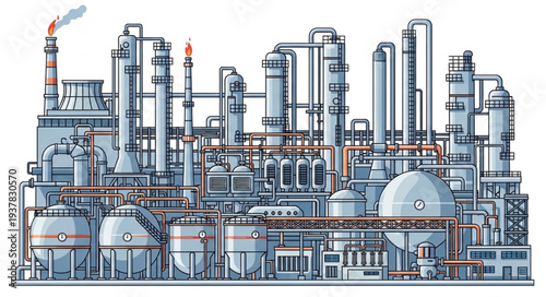 Modern industrial chemical plant with many towers and pipes.
