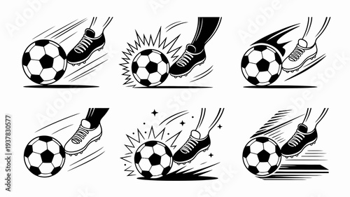A series of black and white illustrations depict a soccer ball being kicked with varying angles showing motion lines and impact effects high quality professional detailed