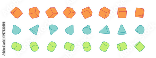3D geometric shapes including cube, cylinder, and cone arranged in abstract composition. Mathematical figures with clean outlines for educational design projects.