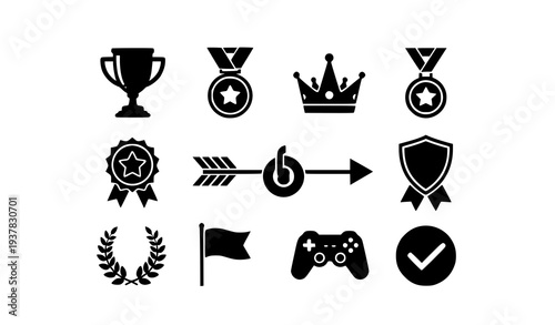 A set of black vector icons representing awards and achievements on a white background
