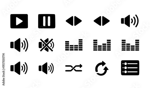 A set of black and white audio control icons for multimedia applications