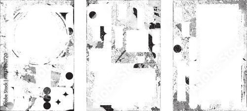 Frame distorted grungy isolated layers . Design element for brochure, social media, posters, flyers. Overlay texture.Textured banner with Distress effect .Vector halftone dots . Screen print texture