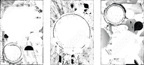 Frame distorted grungy isolated layers . Design element for brochure, social media, posters, flyers. Overlay texture.Textured banner with Distress effect .Vector halftone dots . Screen print texture