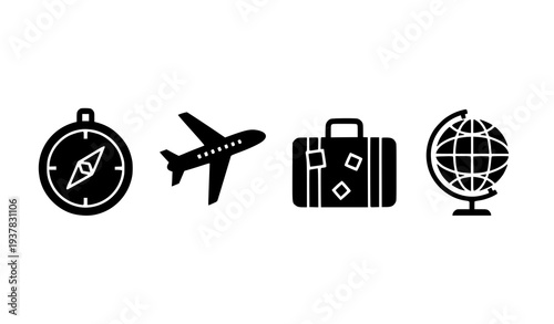 A set of travel icons including a compass, airplane, suitcase, and globe
