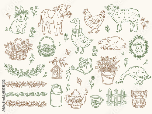 Cottagecore vector set with hand-drawn farm animals, rustic objects, and decorative floral elements in outline style, ideal for prints, cards, and craft projects