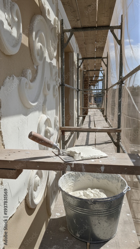 Obraz premium Construction site with a stucco bucket and trowel on scaffolding platform. Detailed plasterwork on building facade for renovation. Architectural restoration.