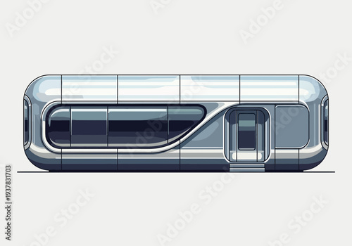 Futuristic transportation pod illustration showcasing sleek design and modern technology in a metallic finish from a side viewpoint