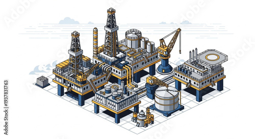 Offshore oil rig complex with multiple platforms and equipment.