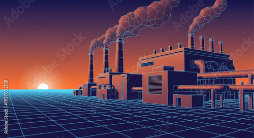 Industrial factory emitting smoke at sunset over a grid pattern.
