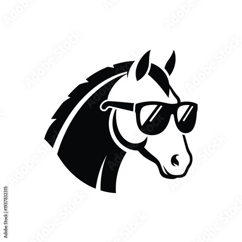 Black and white horse head wearing sunglasses on white background