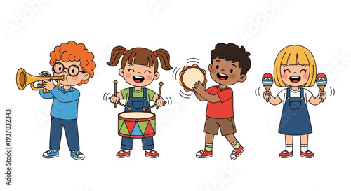 Four happy children playing various musical instruments including a trumpet drum tambourine and maracas