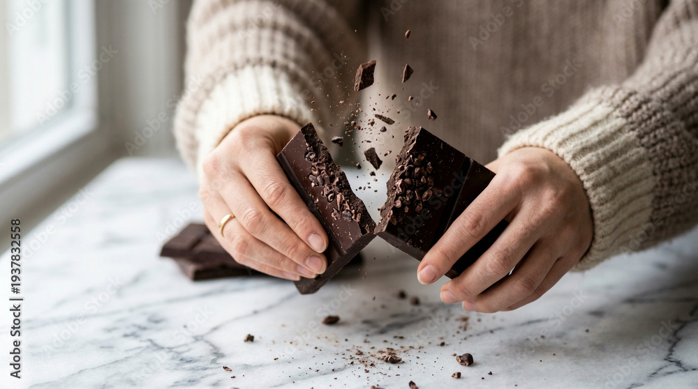 Obraz premium A person in a cozy sweater snaps a thick bar of dark chocolate in half over a white marble table. Small pieces and crumbs fly into the air in a dynamic action shot.