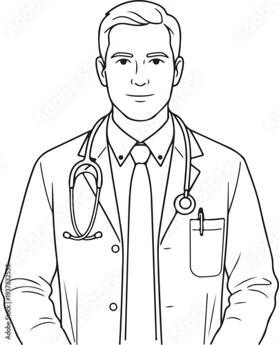 Professional Male Doctor or Physician in Lab Coat with Stethoscope Line Art Vector Illustration for Medical and Healthcare Concepts