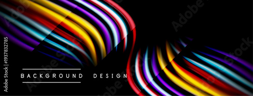 Abstract colorful waves form dynamic design. Black background emphasizes vibrant curves, creating modern visual impact.