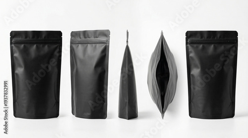 Black Matte Stand Up Pouch Packaging Mockup Collection with Multiple Views, Modern Flexible Food Package Template