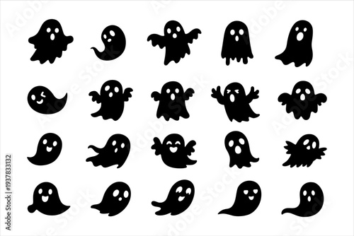 Collection of Spooky Ghost Silhouettes and Cartoon Spirits for Halloween Decorations