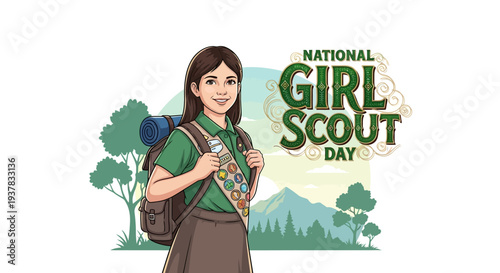 Illustration of a girl scout in uniform with a backpack standing in front of a scenic landscape with trees and mountains on National Girl Scout Day.