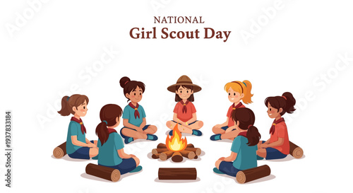 Illustration of girls in scout uniforms sitting around a campfire on National Girl Scout Day with a joyful and adventurous mood.